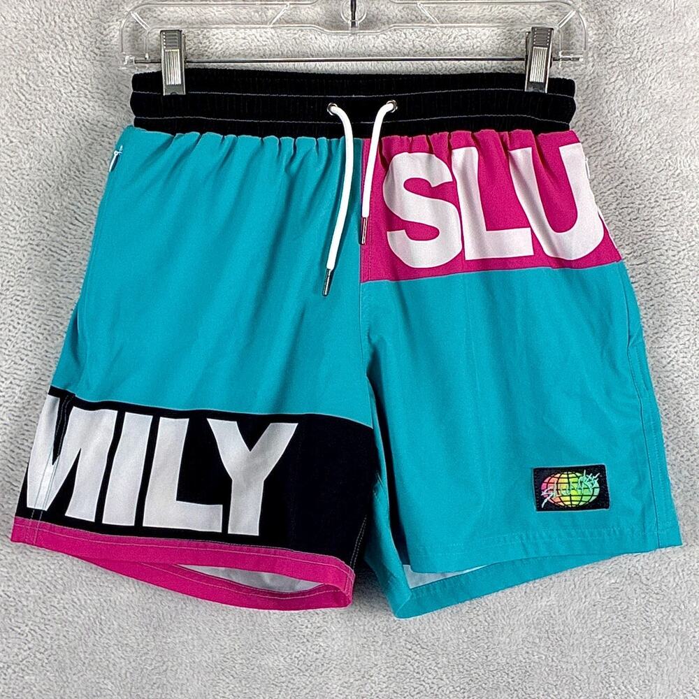 VTG Slunks Shorts Mens XS Blue Pink Family Performance Lined Beach Volleyball